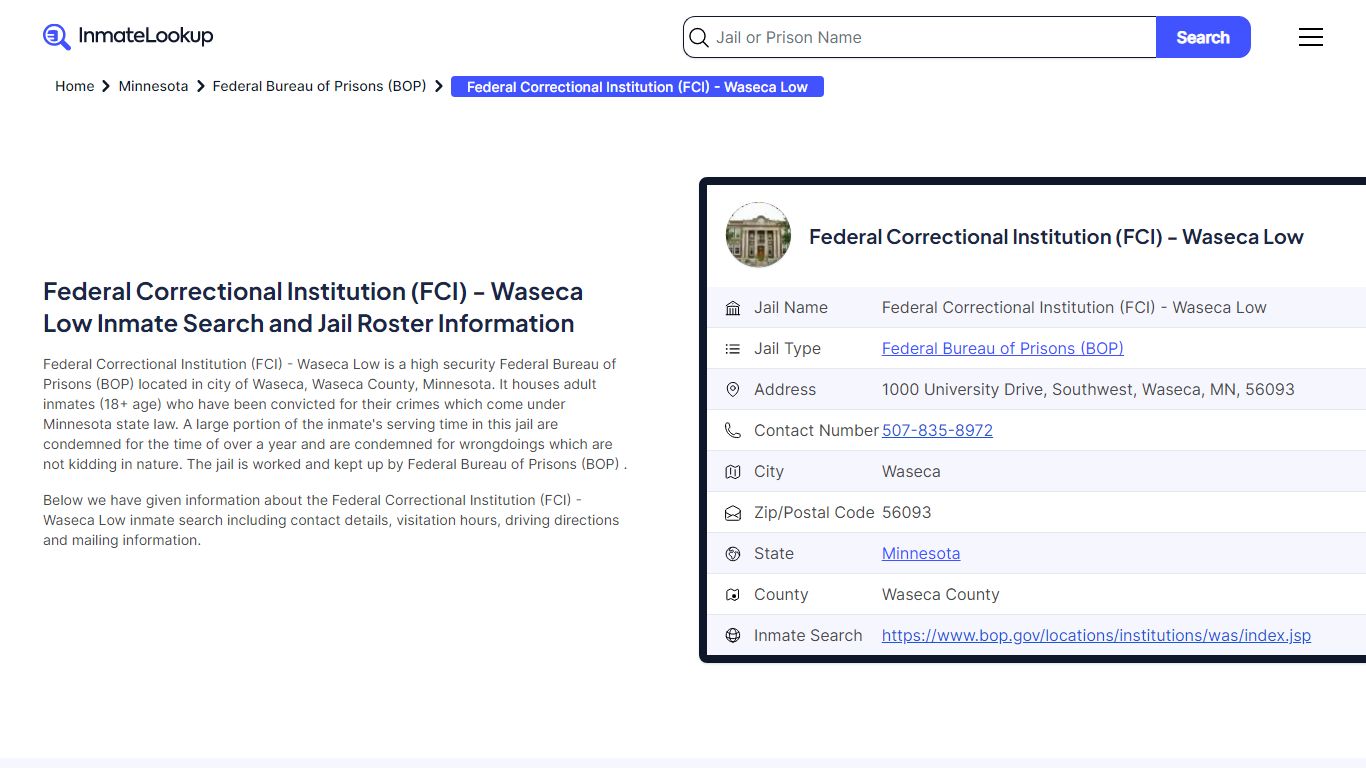Federal Correctional Institution (FCI) - Waseca Low Inmate Search, Jail ...